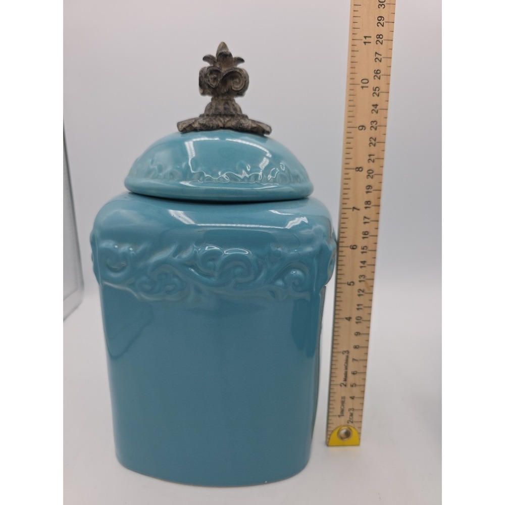 Drake Design Tuscan Scroll Fleur De Lis Turquois Square Canister No Base 11 1/2"